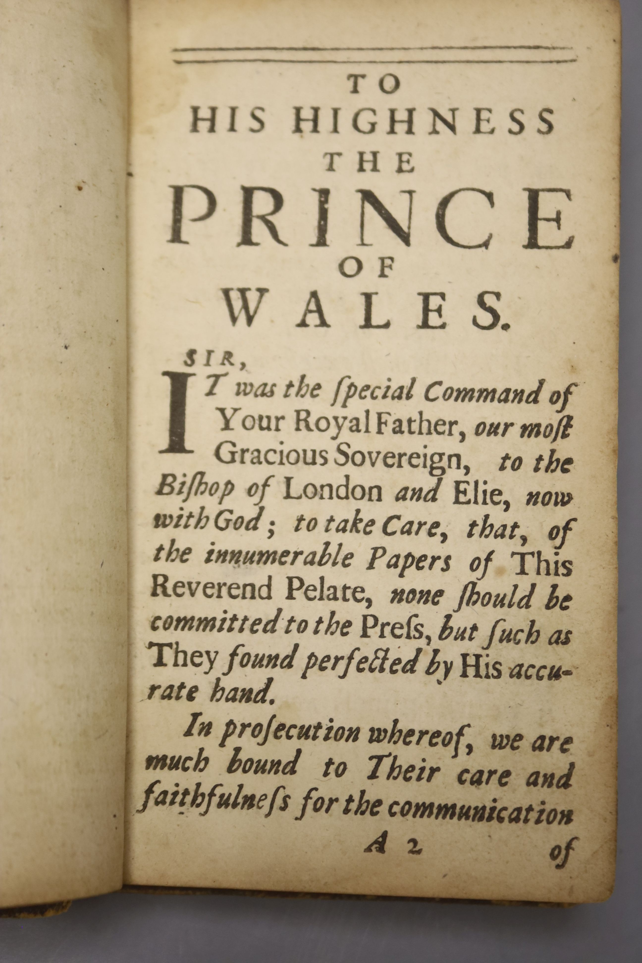 Andrewes, Lancelot – A Manual of Private Devotions and Meditations …, translated out of a fair Greek MS. of his amanuensis (Richard Drake), engraved pictorial and printed titles, portrait frontis; bound with (as usual):